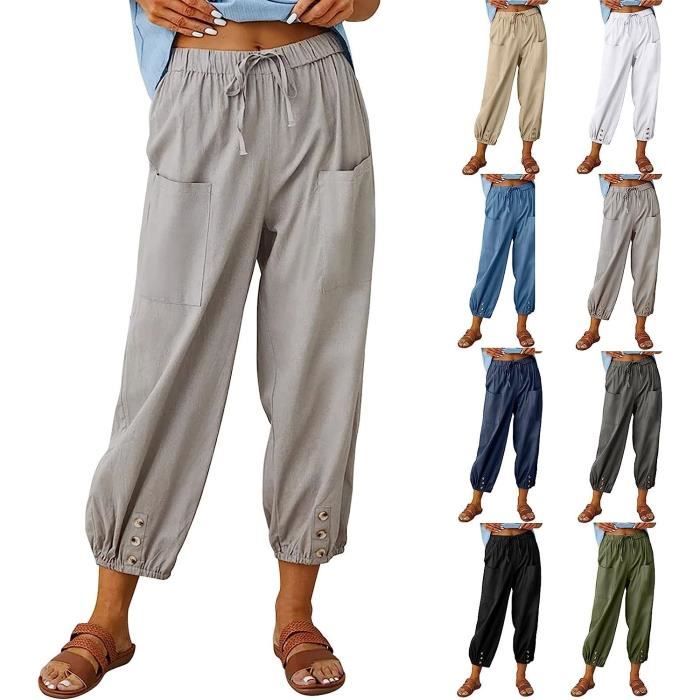 Pantalon Femme Taille Elastique Femme Ete Decontractee Coton Lin Ample Pantalon Leger Cordon Solide Couleur Sport Pants Gris