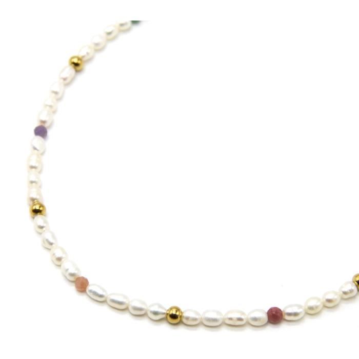 cc3751 - collier perles d’eau douce avec pierres multicolores et billes acier doré