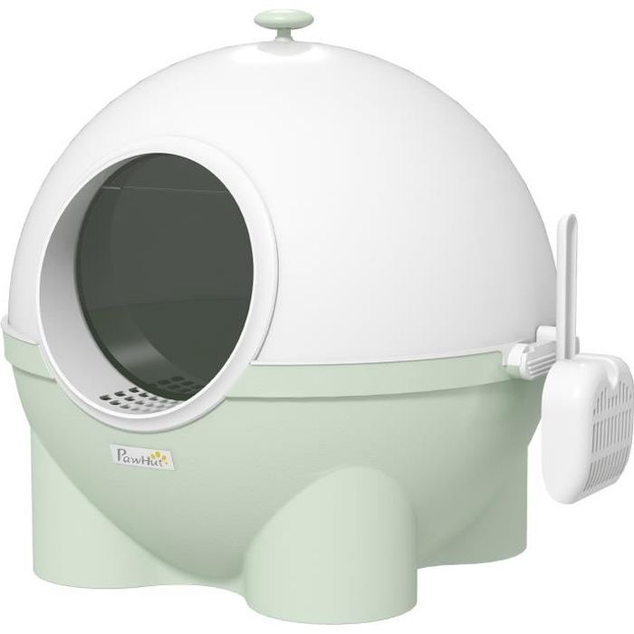 Maison de toilette pour chat design boule - porte battante, couvercle amovible, pelle - PP vert blanc 53x51x48cm Vert
