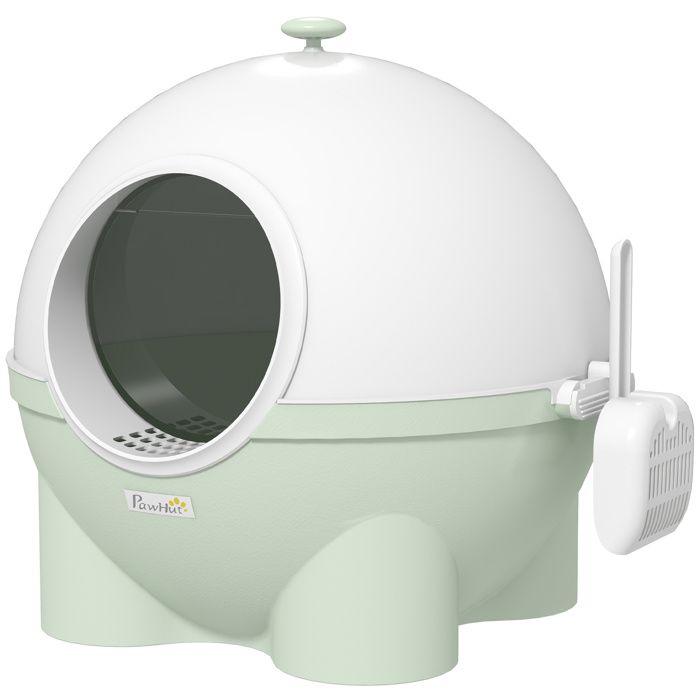 Meilleurs prix pour Maison de toilette pour chat design boule - porte battante, couvercle amovible, pelle - PP vert blanc