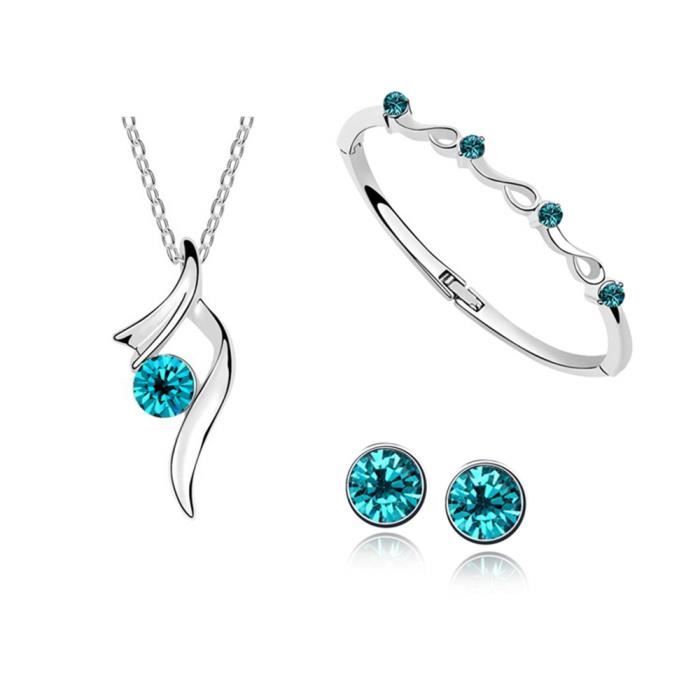parure bijoux ajustable pour femme cadeau rmega bracelet + boucle d'oreille + collier - mariage - zinc - bleu