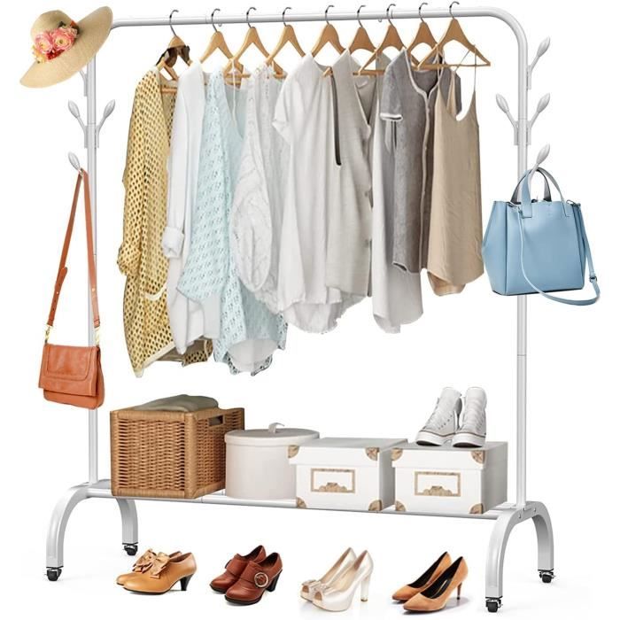 Exquis Porte-vêtements Portant à vêtements avec panier Porte-manteau à roulettes avec barre de