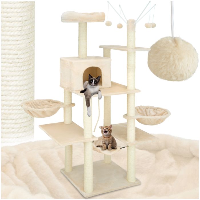Arbre à chat - TECTAKE - Arbre à chat LILOU avec griffoir plateformes descalade couchages et jouet 120 x 61 x 165 cm - Beige