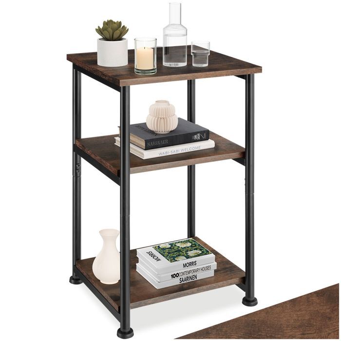 Table dappoint - TECTAKE - Table dappoint MEMPHIS en bois et acier au style industriel 3 plateaux 34 x 30 x 59 cm - Bois foncé