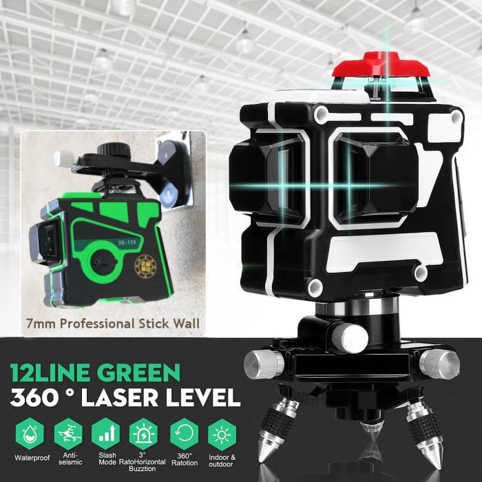 Ligne laser 3D de niveau 12 Niveau laser vert /à mise /à niveau automatique avec tr/épied niveau laser rotatif /à 360 degr/és Ligne horizontale commutable