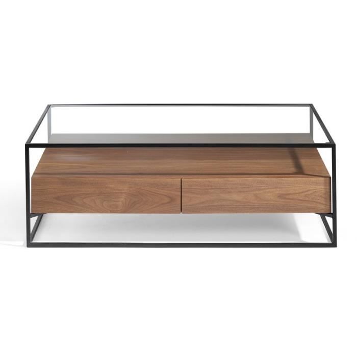Table Basse 2 Tiroirs Verre Metal Noyer Liver L 120 X L 70 X H