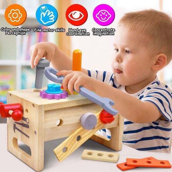 TEGOVE Boite a Outils Enfant Jeux,Jouet en Bois Outil Enfant, Camion de Pompier en Bois 2 en 1 et Caisse a Outil Enfants, Montessori Jeux Outilss et