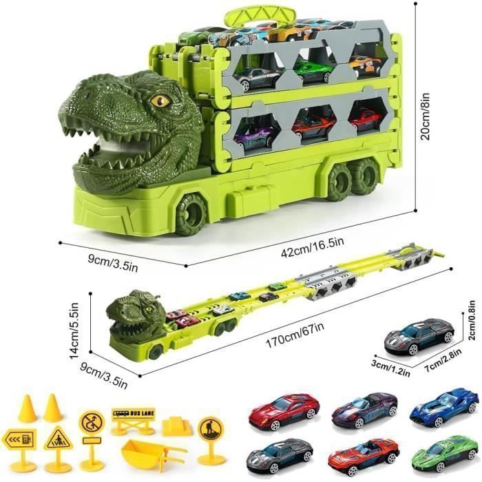 1 Ensemble Camion Jouet Dinosaure Hirondelle avec Petite Voiture en Alliage Piste Pliable Poignée Portable Entraînement Inertiel Conteneur Dinosaure