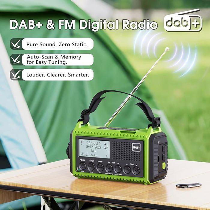 Radio D’Urgence Portable DAB/DAB+/FM Solaire Manivelle – 5000mAh, Lampe LED, Torche, Alarme SOS – Bleu