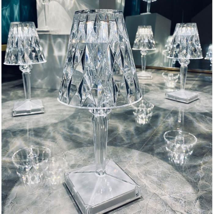 Lampe table en cristal diamant, 3 couleurs, lampe charge àcontrôle tactile,  lampe chevet en acrylique style moderne, lampe de chevet portable sans fil,  lampe de nuit portable, décoration en diamant : 