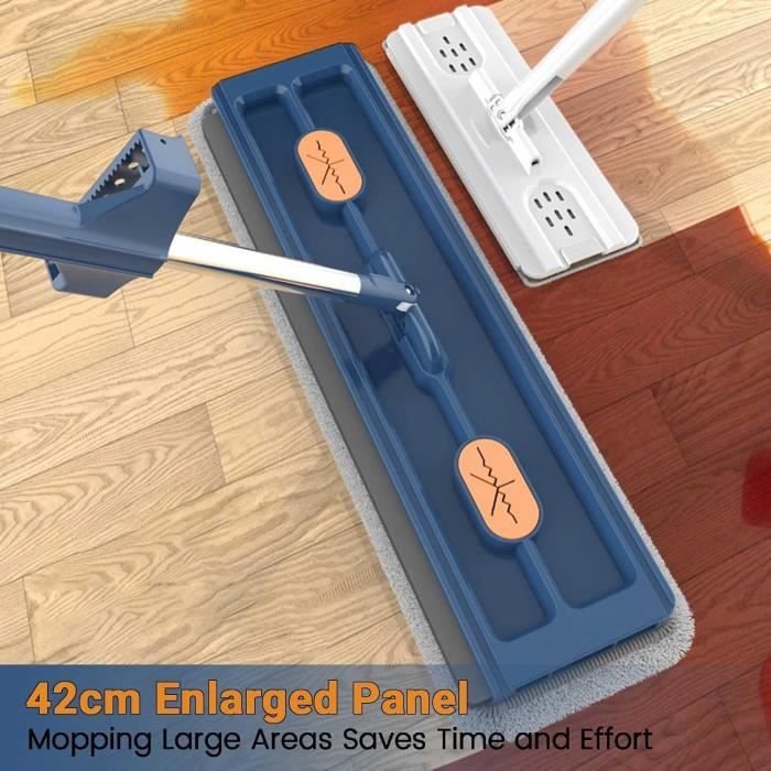 Kit Balai Serpillière Et Seau - Grande Serpillière Plate Avec Tampons Super Absorbants Humide Et Sec, Compression Automatique (Bleu)