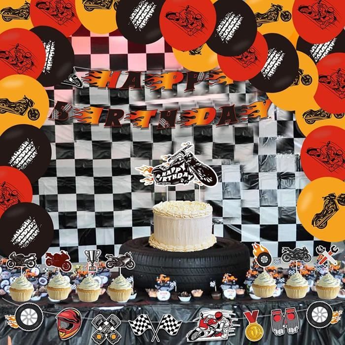 Décoration Anniversaire Thème Moto - 20 Pièces (bannière, Guirlandes, Toppers Gâteau) - Pour Fête Motocross Enfant