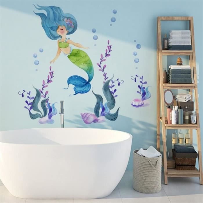 Runtoo Sticker Mural Ariel Et Animaux Marins - Déco Amovible Pour Chambre Enfant - Facile à Poser Et Sans Traces