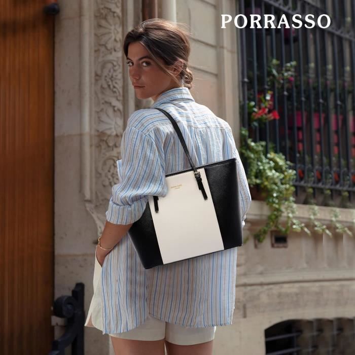 Sac Cabas Femme PORRASSO En Cuir PU - Grand Format 32x14,5x28,5 Cm, Bandoulière Réglable, Multi-Poches