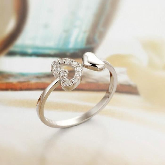 Bague Argent 925 Femme Cœur Ouvert Réglable Zircone Cubique - Bijoux Élégant Coeur