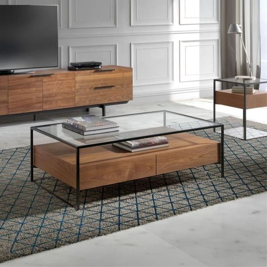 Table Basse 2 Tiroirs Verre Metal Noyer Liver L 120 X L 70 X H