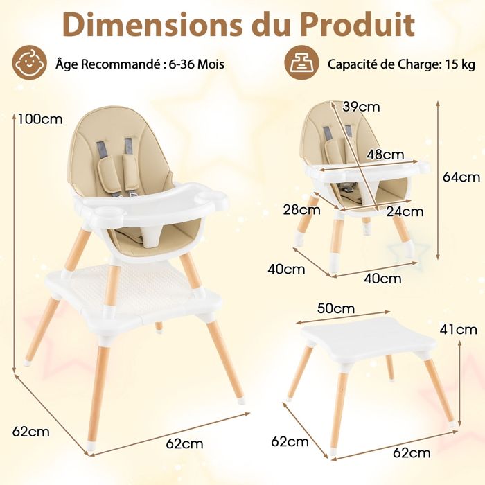 LIFEZEAL Chaise Haute Évolutive 6 En 1 Bébé – Convertible Table + Chaise – Harnais 5 Points – 6-36 Mois