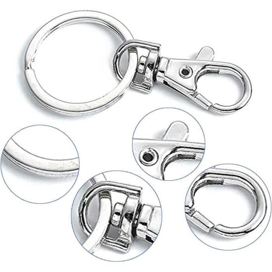 Porte-clés - anneau + mousqueton - 3.5cm de longueur, en métal argenté
