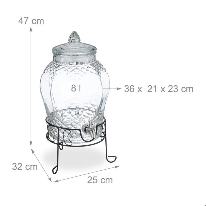 Distributeur Boisson 8 L Relaxdays – Avec Support, Robinet & Couvercle – Verre Cristal, Idéal Fête Jardin & Limonade