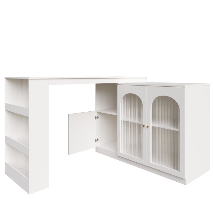 Table De Bar Rotative 360° Avec Rangement - 138x39x105 Cm, Blanc - Îlot Cuisine, Salon, Bureau