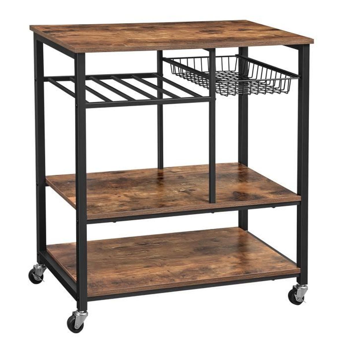 vasagle etagere a micro onde avec panier metallique et porte bouteilles mobile 80 x 40 x 86cm marron rustique kks80x achat vente desserte billot vasagle etagere de cuisine cdiscount