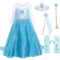 Robe Princesse Elsa Look - JUREBECIA - Costume Fille - Bleu - Paillettes - Cape Flocons de Neige