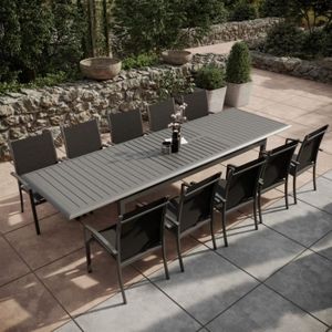 Ensemble table et chaise de jardin Table de jardin extensible aluminium 220/320cm + 10 Fauteuils empilables textilène Gris Anthracite - ANDRA XL