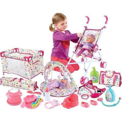 Cosy pour Poupee jusqu'a 50 cm, Rose et Gris - Siege Auto, Porte Poupon - avec Ceinture - Accessoire - Set Jouet Fille avec Carte