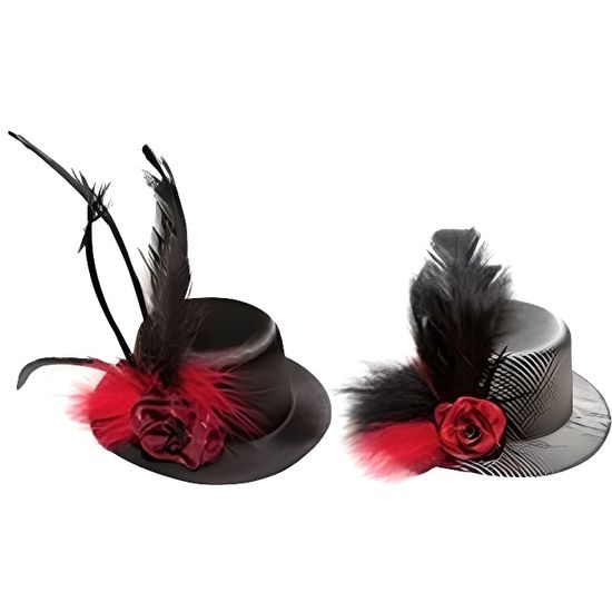 Mini chapeau haut de forme femme - Marque - Noir avec plumes et fleur en tissu