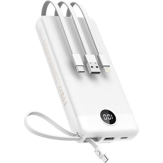 Batterie Externe 20000mAh Avec Câbles Intégrés - 4 Câbles (USB-C, Micro, Lightning, USB-A), 5 Sorties, Charge Rapide, Légère - 3