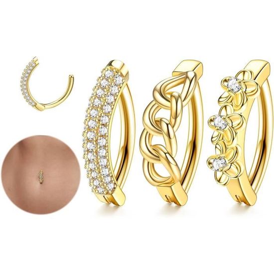 JeryWe 3Pcs Clicker Ombelico Bars Per Le Donne 316L Acciaio Chirurgico Clicker Pancia Anelli Farfalla Fiore CZ Anelli Ombelico Curvo Inverso Pancia Corpo Piercing Gioielli Campanelli 14G Style B