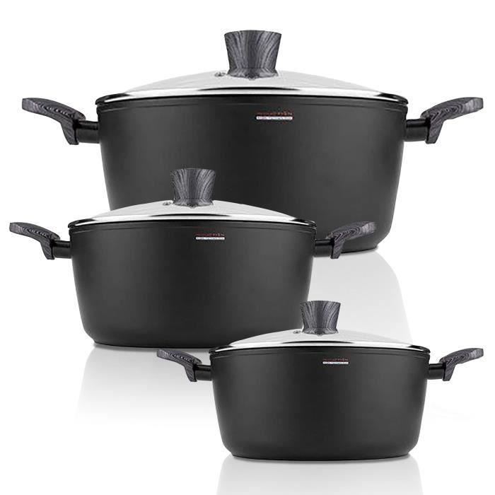 Batterie de Cuisine 6 Pièces, Induction, Aluminium, Couvercles en Verre Florina Bono Noir 80315