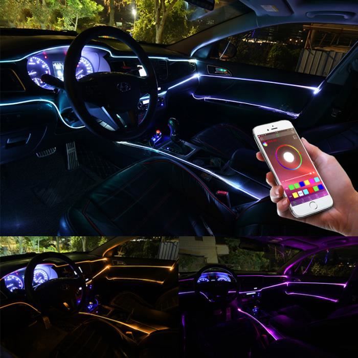 6 en 1 RVB LED lumière d'ambiance de voiture 8M lumière de bande de fibre optique, production de musique de bricolage de contrôle d'