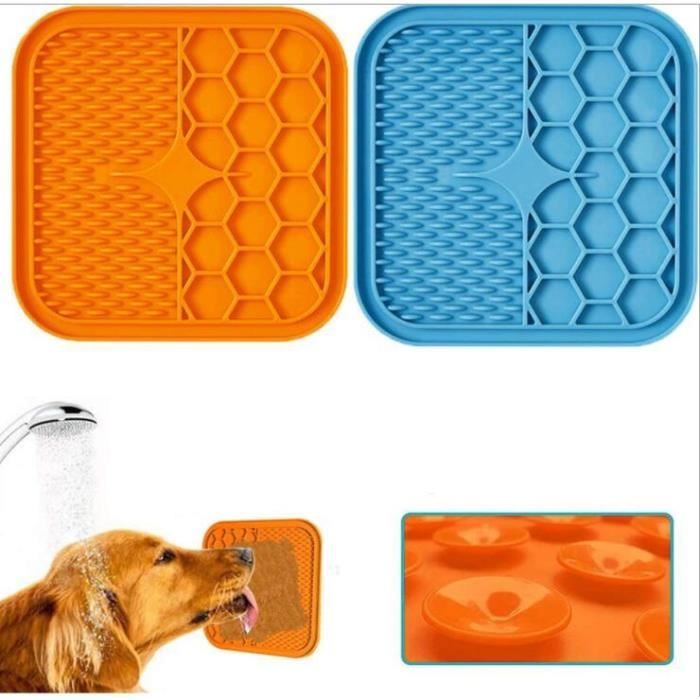 Tapis de Lèche Chien, Avec ventouse, avec Spatule, pour Chien Alimentation Lente, pour Formation et Bain du Chien. (Bleu+Orange)