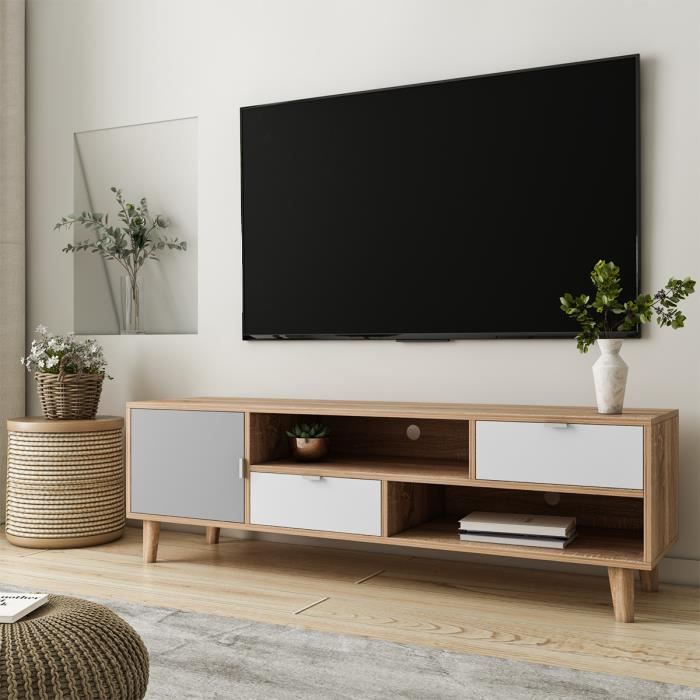 Meuble TV scandinave Design 2 Tiroirs 1 portre magnétique en bois massif de teck-L132*35*38.5cm