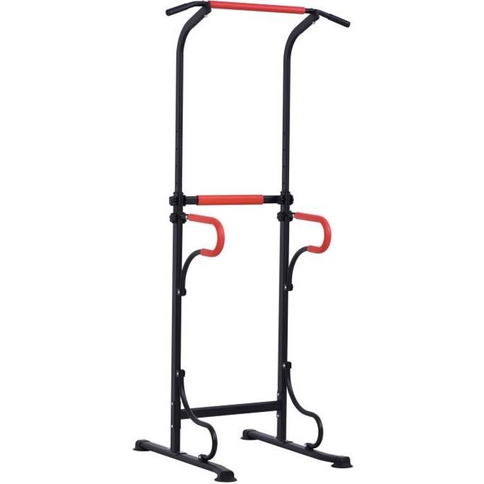 HOMCOM Station de musculation multifonctions barre de traction chaise romaine hauteur réglable acier noir rouge
