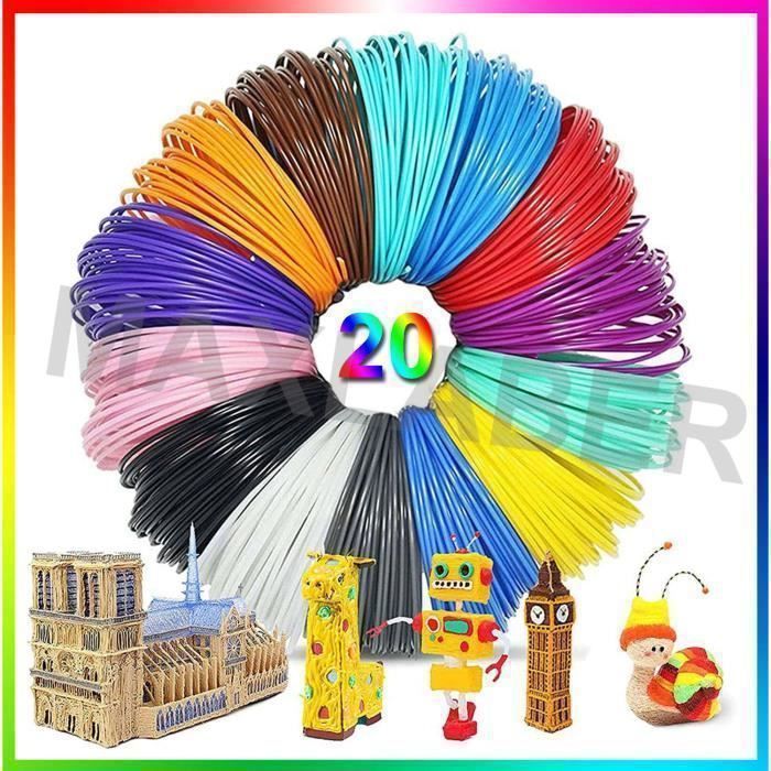 Filament PLA 1,75mm 20 Couleurs pour Stylo 3D, 5M par Couleur 100M Total, Accessoire de Stylo 3D