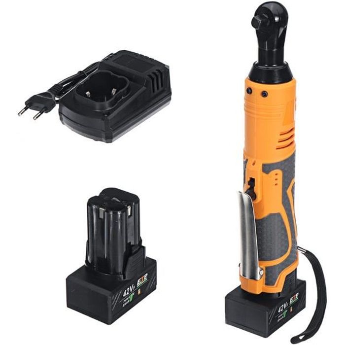 NEUFU 42V 90Nm Clé à Angle à Cliquet Sans fil Electrique LED + 2 Batteries ORANGE