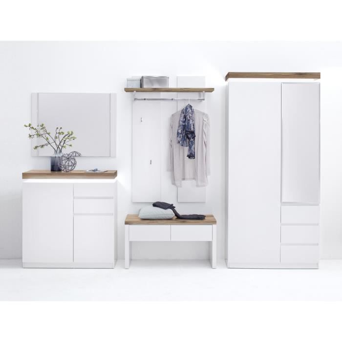 Ensemble meuble d'entee coloris laque blanc mat avec plateaux en chene noueux huile