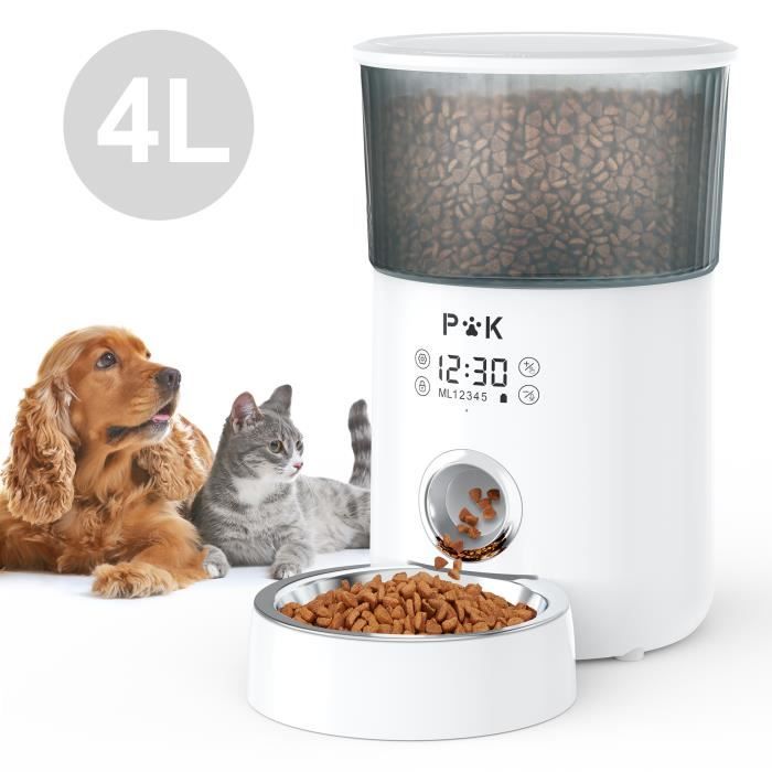 4L Distributeur de Nourriture Automatique pour Chat et Chien Distributeur de Croquette Blanc avec Écran Tactile, 5 Repas par Jour
