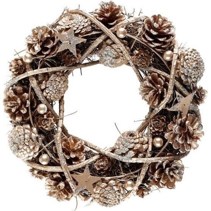 Décoration couronne Noël en bois et avec des pommes de pin pailletées (x1) REF/7184