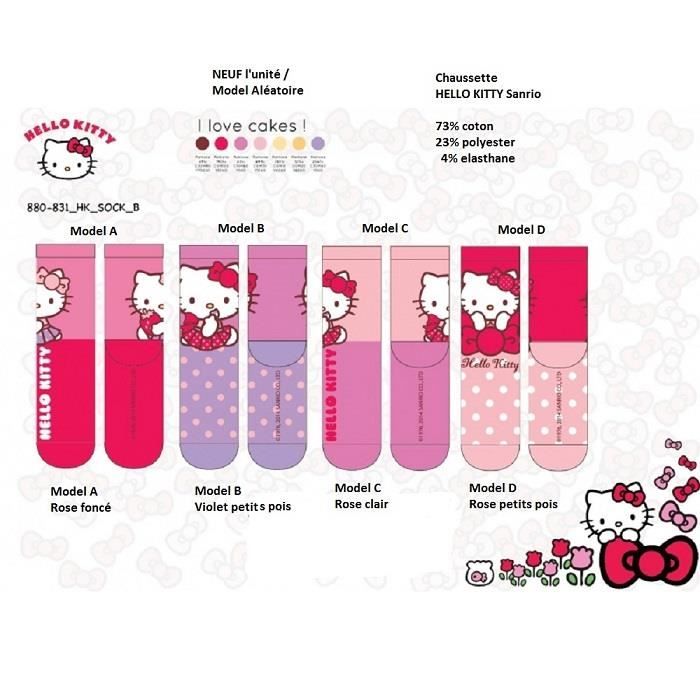 paire de Chaussette HELLO KITTY * NEUF l'unité / Model aléatoire * 73% coton 23% polyester 4% elasthanne * de 23/26 au 31/34