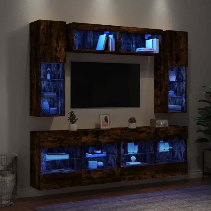 vidaXL Ensemble de meubles TV muraux 6pcs et lumières LED chêne fumé 3216801