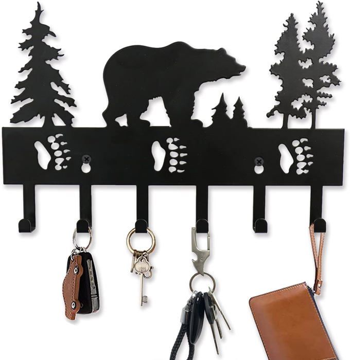 Porte-clés Mural Avec 7 Crochets - Design Montagne/oiseau, Métal Noir Mat, Pour Entrée Ou Cuisine
