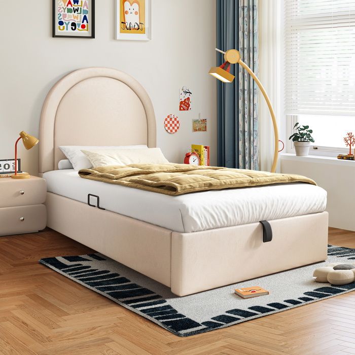 Lit rembourré 90 x 200 cm Lit coffre Lit simple avec dossier pour garçons et filles - Beige