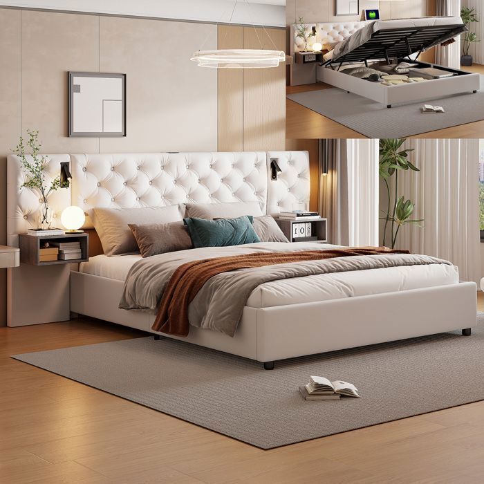Lit coffre 160x200 avec lampe de lectureet lit 160x200 avec tiroir de chevet lit queen 160x200 tissu en velours beige