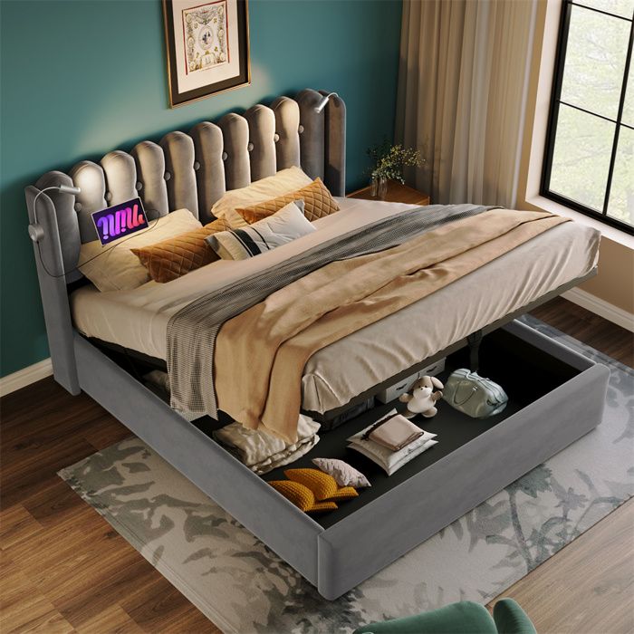 Lit coffre - SEA WALL - 140x200 - Velours gris - Lampes de lecture + USB - Sommier à lattes rangement