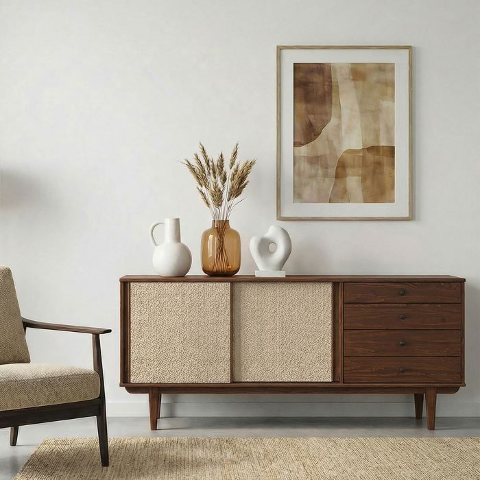 Buffet en bois SIMONA L 175 cm coloris châtaignier avec 4 Tiroirs 2 Portes Coulissantes pour Salon ou Salle à manger Buffet en bois SIMONA L 175 cm coloris châtaignier avec 4 Tiroirs 2 Portes Coulissantes pour Salon ou Salle à manger