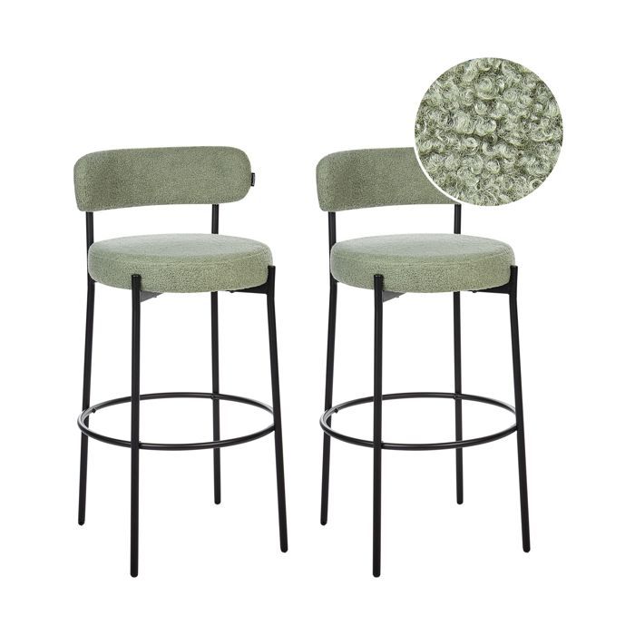 Lot de 2 chaises de bar ALLISON Bouclé Vert clair Lot de 2 chaises de bar ALLISON Bouclé Vert clair