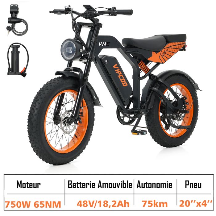 Vélo Electrique 20*40 Pneu Tout-Terrain Moteur 750W Batterie Amouvable 48V/182Ah Autonomie 43-75km Shimano 7 Vitesse Noir Orange